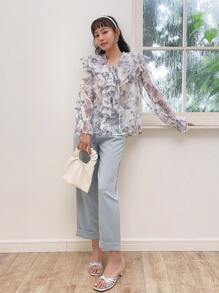 DAZY In hoa Viền Ruffle Tay áo loe Áo sơ mi - Nhiều màu - Xem 10