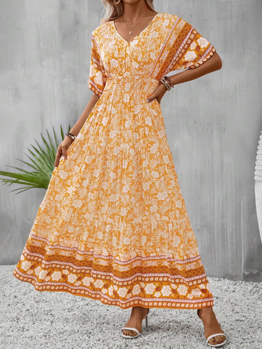 SHEIN VCAY 印花蝙蝠袖荷葉邊連衣裙