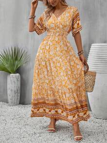 SHEIN VCAY 印花蝙蝠袖荷葉邊連衣裙