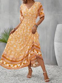 SHEIN VCAY 印花蝙蝠袖荷葉邊連衣裙