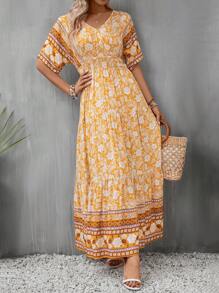 SHEIN VCAY 印花蝙蝠袖荷葉邊連衣裙