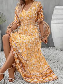 SHEIN VCAY 印花蝙蝠袖荷葉邊連衣裙