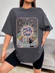 SHEIN EZwear 超大码女式短袖欧美风印花T恤，夏日活力满满春季 - 深灰色 - 查看 2