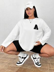 SHEIN EZwear 大碼字母貼布落肩T恤 - 白色 - 查看 1