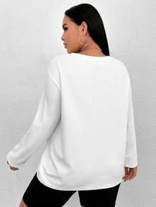 SHEIN EZwear 大碼字母貼布落肩T恤 - 白色 - 查看 2