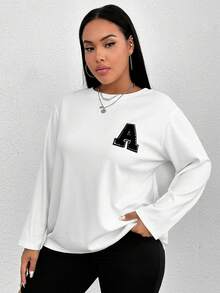 SHEIN EZwear 大碼字母貼布落肩T恤 - 白色 - 查看 4