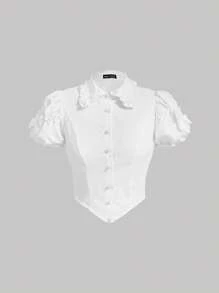 SHEIN MOD Puff Sleeve Button Front Asymmetrical Hem Shirt - White - View 1