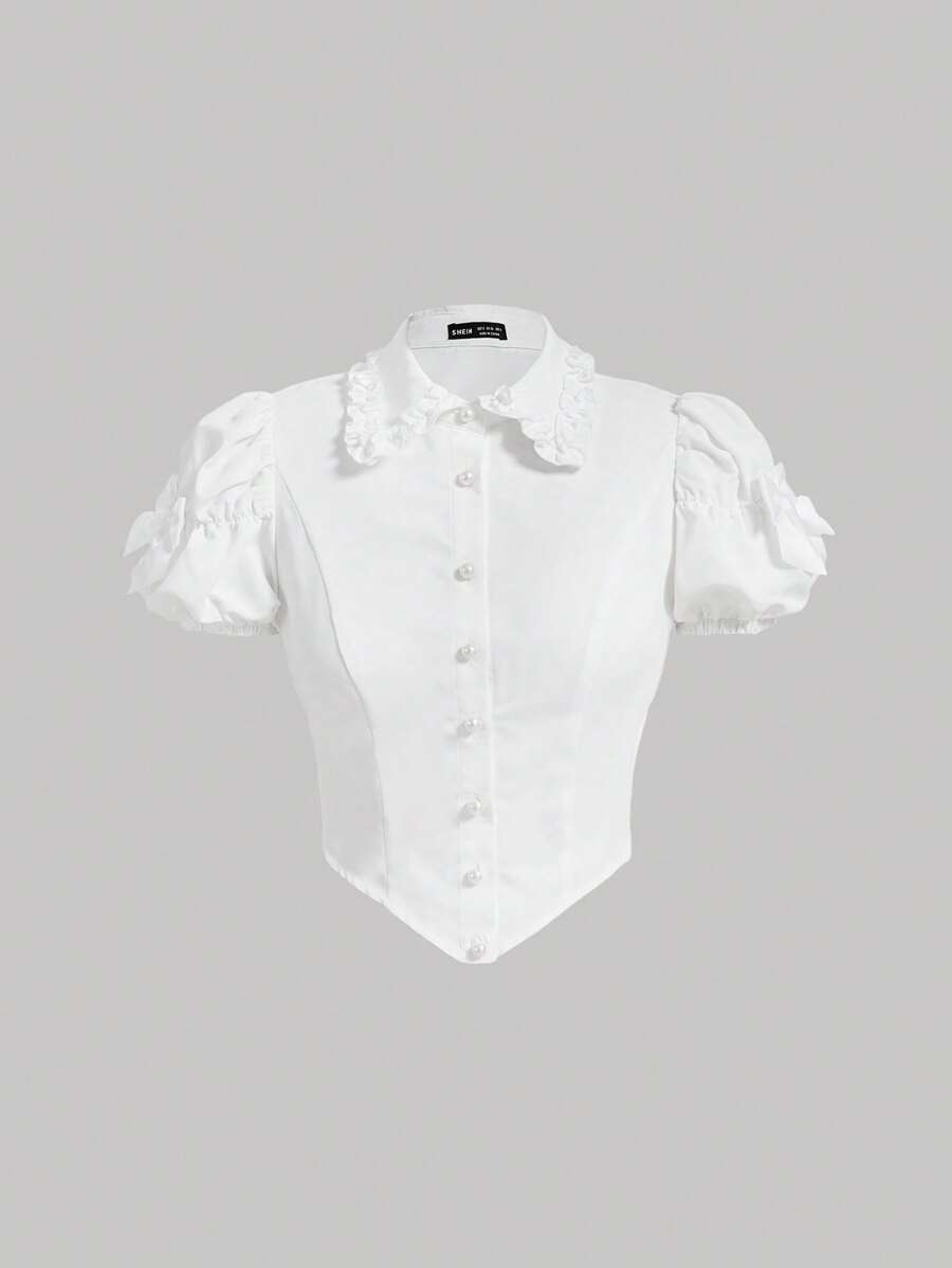 SHEIN MOD Puff Sleeve Button Front Asymmetrical Hem Shirt - White - View 1