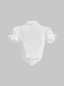 SHEIN MOD Puff Sleeve Button Front Asymmetrical Hem Shirt - White - View 2