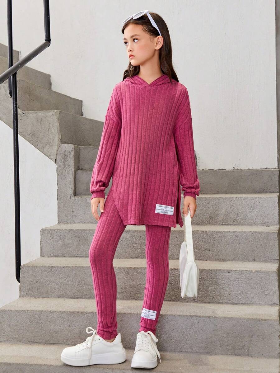 SHEIN Tween Girl Slogan Patched Drop Shoulder Hooded Tee & Leggings - Hot Pink - View 1