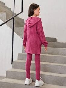 SHEIN Tween Girl Slogan Patched Drop Shoulder Hooded Tee & Leggings - Hot Pink - View 2