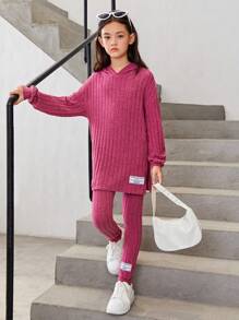 SHEIN Tween Girl Slogan Patched Drop Shoulder Hooded Tee & Leggings - Hot Pink - View 3