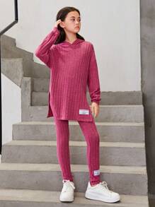 SHEIN Tween Girl Slogan Patched Drop Shoulder Hooded Tee & Leggings - Hot Pink - View 4