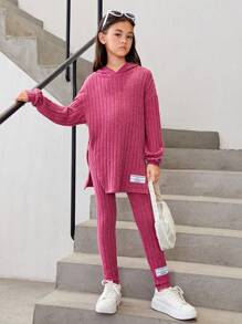 SHEIN Tween Girl Slogan Patched Drop Shoulder Hooded Tee & Leggings - Hot Pink - View 5