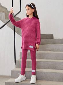 SHEIN Tween Girl Slogan Patched Drop Shoulder Hooded Tee & Leggings - Hot Pink - View 6