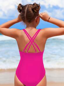 SHEIN Tween Girl Solid One Piece Swimsuit Summer Holiday - Hot Pink - View 4