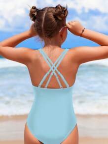 Tween Girl Solid One Piece Swimsuit - Baby Blue - View 4