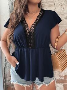Talla grande Blusa peplum con encaje en contraste - Azul Marino - Ver 1