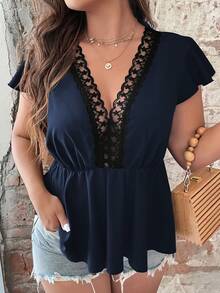 Talla grande Blusa peplum con encaje en contraste - Azul Marino - Ver 4