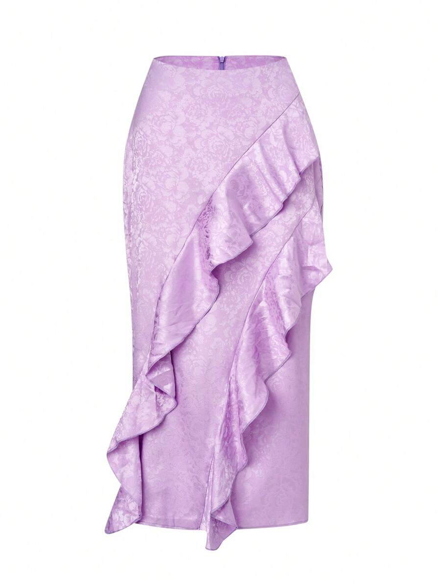 SHEIN Privé Hoa Dệt hoa Viền Ruffle Xa ten Váy - Màu tím - Xem 1