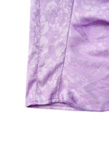 SHEIN Privé Hoa Dệt hoa Viền Ruffle Xa ten Váy - Màu tím - Xem 3