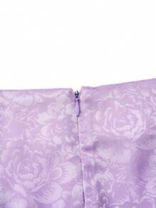 SHEIN Privé Hoa Dệt hoa Viền Ruffle Xa ten Váy - Màu tím - Xem 4