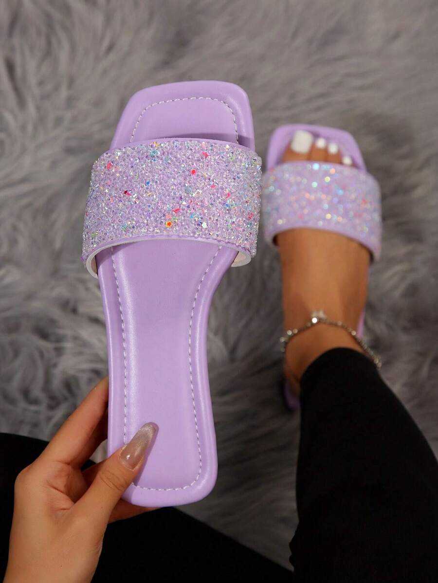 女士平底珍珠和水钻装饰凉鞋，手工制作的闪亮系带拖鞋，黑色，休闲时尚夏季 - 淡紫色 - 查看 1