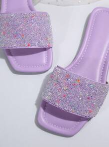 女士平底珍珠和水钻装饰凉鞋，手工制作的闪亮系带拖鞋，黑色，休闲时尚夏季 - 淡紫色 - 查看 3