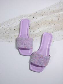 女士平底珍珠和水钻装饰凉鞋，手工制作的闪亮系带拖鞋，黑色，休闲时尚夏季 - 淡紫色 - 查看 4