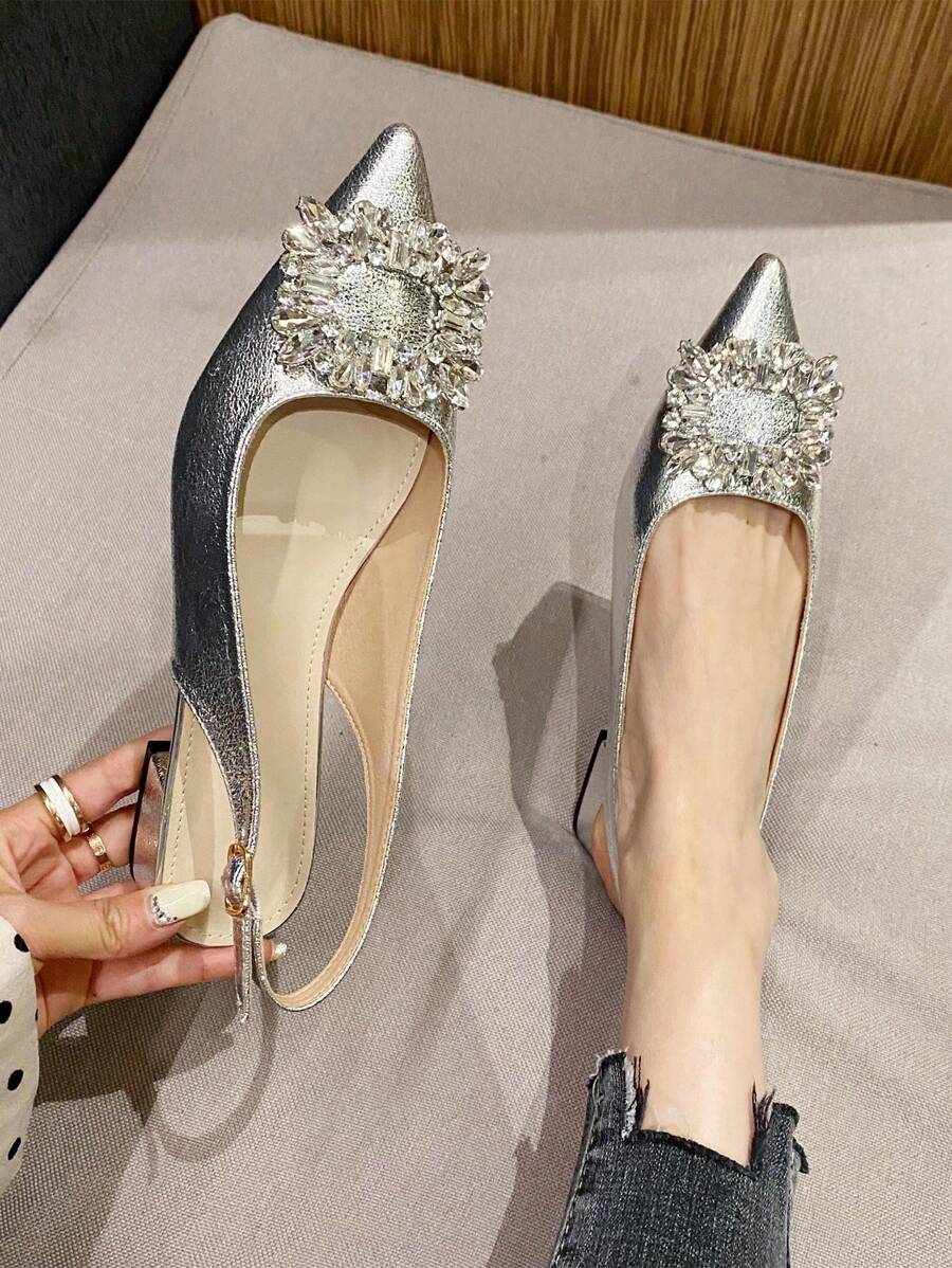 2025秋季时尚经典款水晶扣粗跟女鞋，不累脚3cm上班休闲凉鞋 - 銀色 - 查看 1