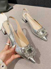 2025秋季时尚经典款水晶扣粗跟女鞋，不累脚3cm上班休闲凉鞋 - 銀色 - 查看 4