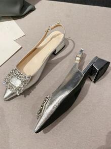 2025秋季时尚经典款水晶扣粗跟女鞋，不累脚3cm上班休闲凉鞋 - 銀色 - 查看 5