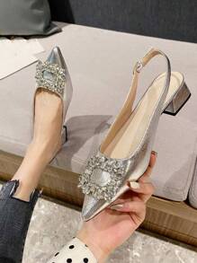 2025秋季时尚经典款水晶扣粗跟女鞋，不累脚3cm上班休闲凉鞋 - 銀色 - 查看 6
