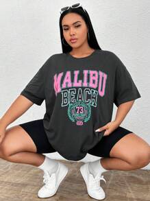 SHEIN EZwear Plus Letter Graphic Drop Shoulder Tee - Dark Grey - View 1