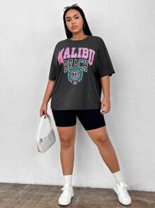 SHEIN EZwear Plus Letter Graphic Drop Shoulder Tee - Dark Grey - View 3