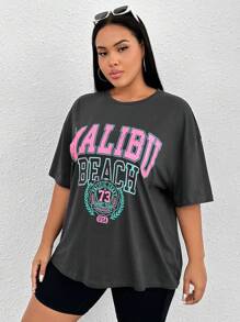 SHEIN EZwear Plus Letter Graphic Drop Shoulder Tee - Dark Grey - View 4