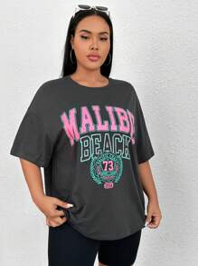 SHEIN EZwear Plus Letter Graphic Drop Shoulder Tee - Dark Grey - View 5