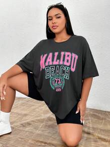 SHEIN EZwear Plus Letter Graphic Drop Shoulder Tee - Dark Grey - View 6