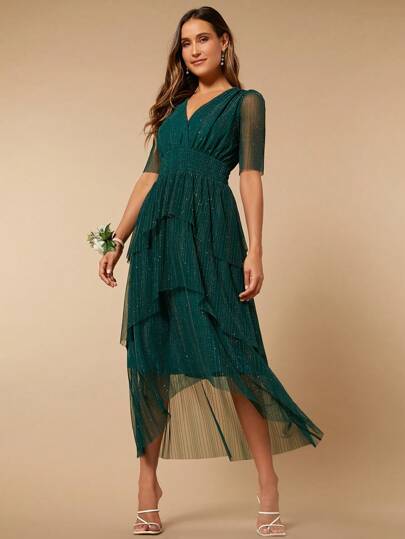 SHEIN Belle Ruffle Trim Ruffle Hem Glitter Mesh Overlay Wedding Guest Dress, Women Elegant Formal Evening Prom Gown, For Graduation, Dinner Party Dress