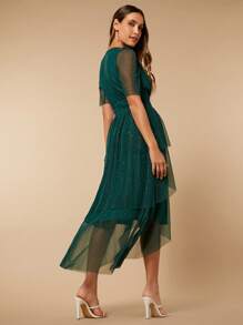 SHEIN Belle Ruffle Trim Ruffle Hem Glitter Mesh Overlay Wedding Guest Dress, Women Elegant Formal Evening Prom Gown, For Graduation, Dinner Party Dress - Dark Green - View 2