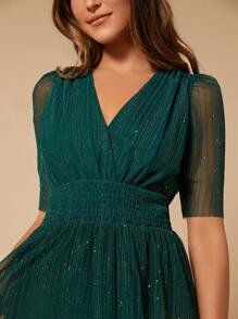 SHEIN Belle Ruffle Trim Ruffle Hem Glitter Mesh Overlay Wedding Guest Dress, Women Elegant Formal Evening Prom Gown, For Graduation, Dinner Party Dress - Dark Green - View 3