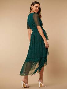 SHEIN Belle Ruffle Trim Ruffle Hem Glitter Mesh Overlay Wedding Guest Dress, Women Elegant Formal Evening Prom Gown, For Graduation, Dinner Party Dress - Dark Green - View 4