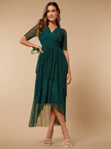 SHEIN Belle Ruffle Trim Ruffle Hem Glitter Mesh Overlay Wedding Guest Dress, Women Elegant Formal Evening Prom Gown, For Graduation, Dinner Party Dress - Dark Green - View 5