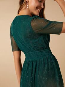 SHEIN Belle Ruffle Trim Ruffle Hem Glitter Mesh Overlay Wedding Guest Dress, Women Elegant Formal Evening Prom Gown, For Graduation, Dinner Party Dress - Dark Green - View 6