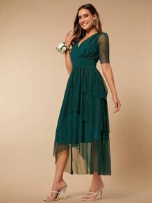 SHEIN Belle Ruffle Trim Ruffle Hem Glitter Mesh Overlay Wedding Guest Dress, Women Elegant Formal Evening Prom Gown, For Graduation, Dinner Party Dress - Dark Green - View 7