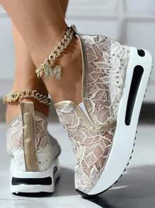 Damen Mode Spitze Pailletten Lässig Keilschuhe - Gold - Übersicht 2