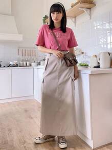 DAZY Camiseta de hombros caídos con estampado de letra - Rosa Fucsia - Ver 7