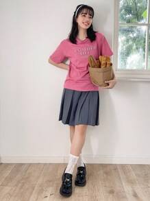 DAZY Camiseta de hombros caídos con estampado de letra - Rosa Fucsia - Ver 8