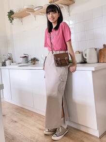 DAZY Camiseta de hombros caídos con estampado de letra - Rosa Fucsia - Ver 10