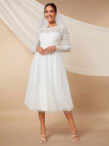 SHEIN Belle Guipure Lace Insert Mesh Hem Wedding Dress Without Veil - White - View 1